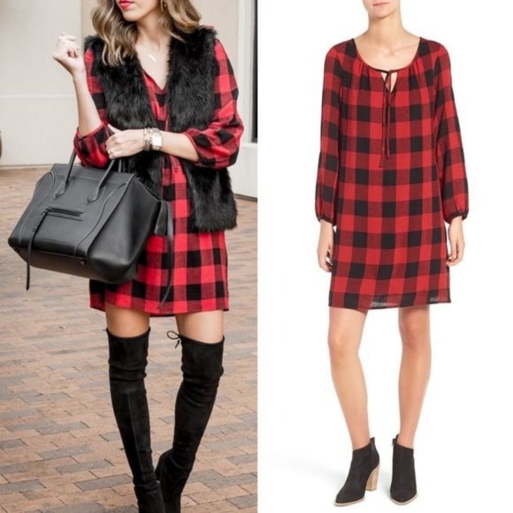 Madewell signal red black buffalo plaid print tunic dress M